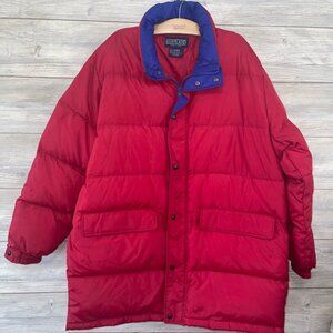 Vintage Lands End Goose Down XL Puffer Ski Jacket Red Blue Retro Y2K Winter Coat